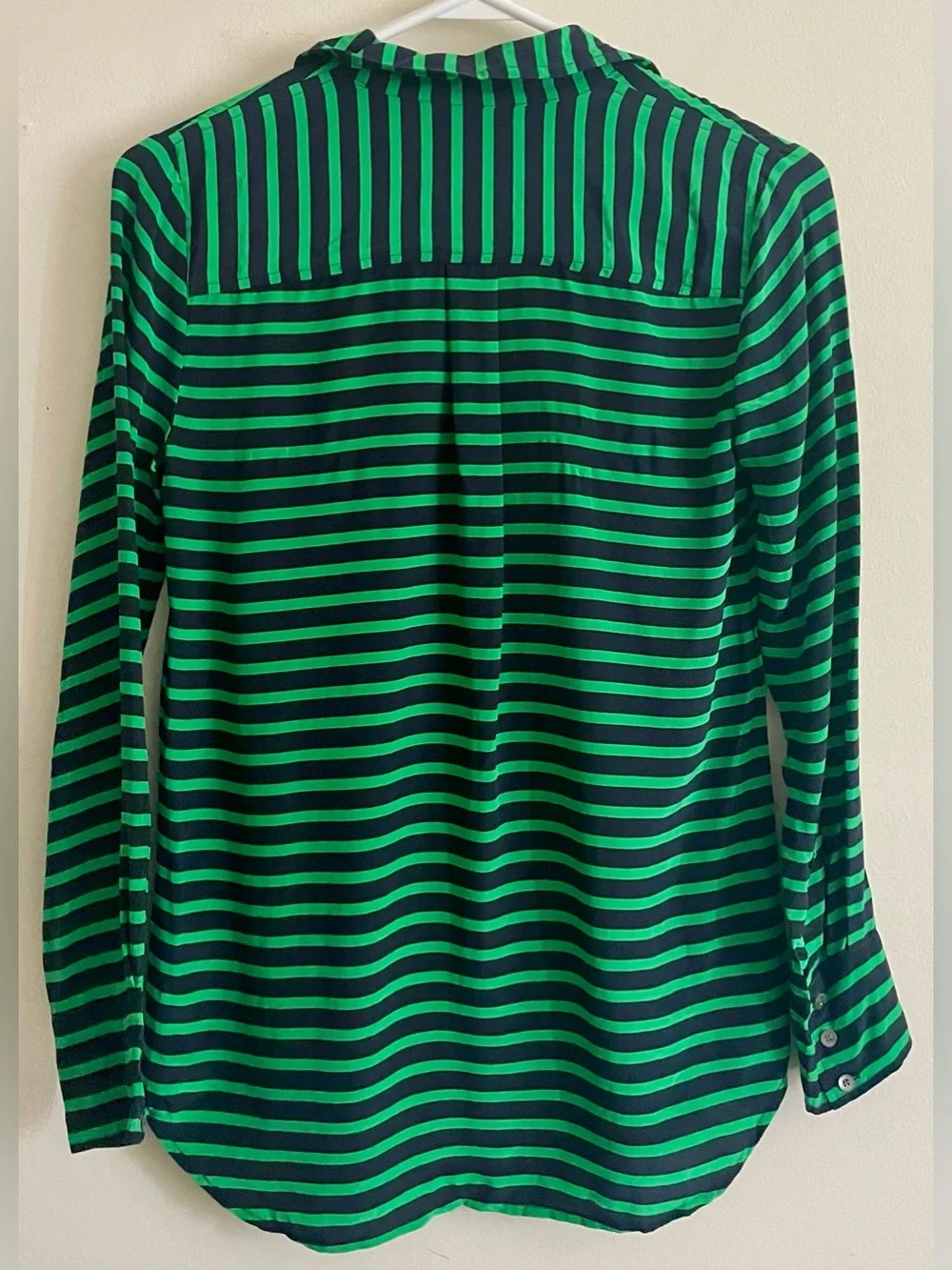 🔱 J. Crew 100% Silk Navy and Green Striped Button-Down Blouse 🔱